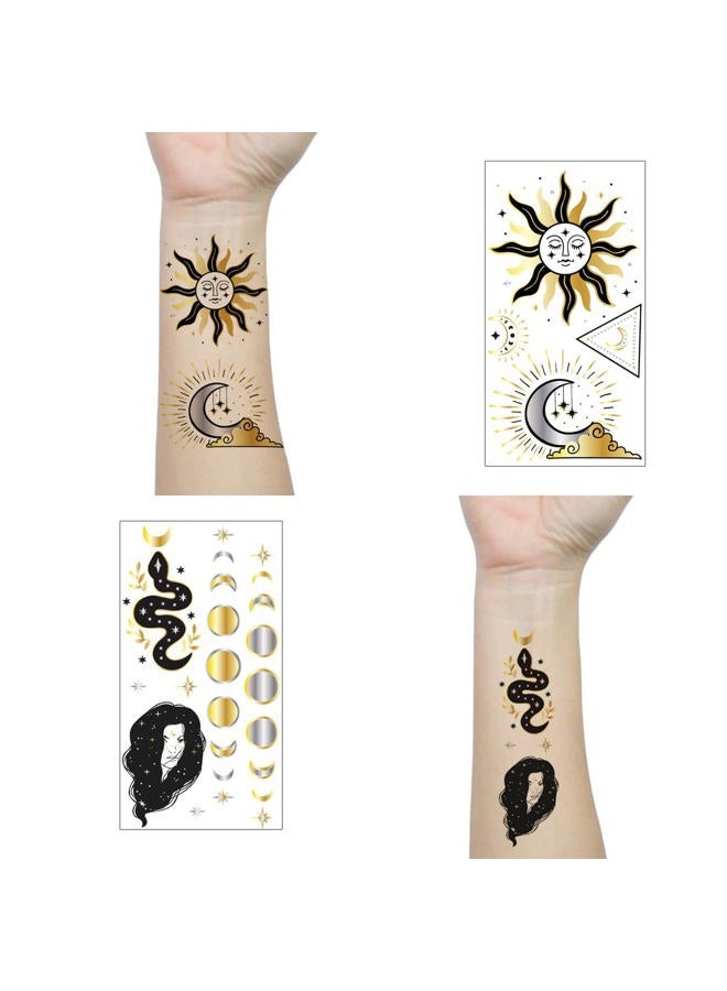 Glaryyears 9 Sheets Black Small Temporary Tattoo, Hands Face Tattoo Sticker for Men Women, Metallic Gold Silver Flower Space Moon Snake Cat Diamond Designs on Arm Neck Shoulder Clavicle Waterproof - Image 2